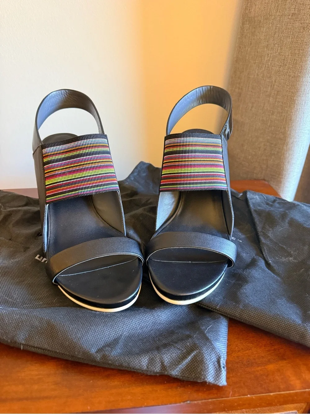 United Nude Black Wedge Sandals with Multicolor Striped Strap